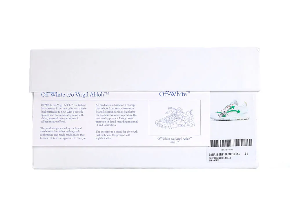 White Off-White shoe box showcasing sneaker design with green arrow accent.
