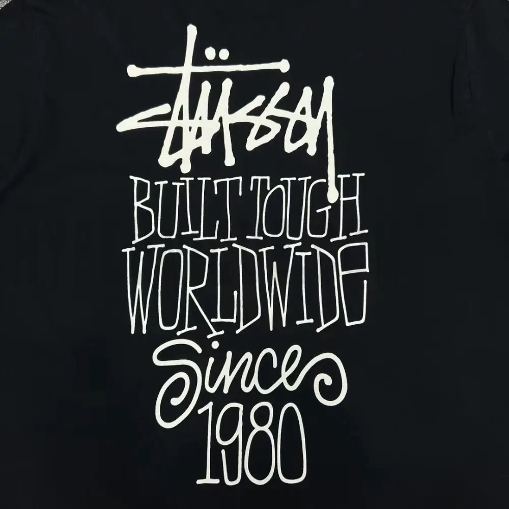 Detailed shot capturing the graphic print on the black tee's back panel.