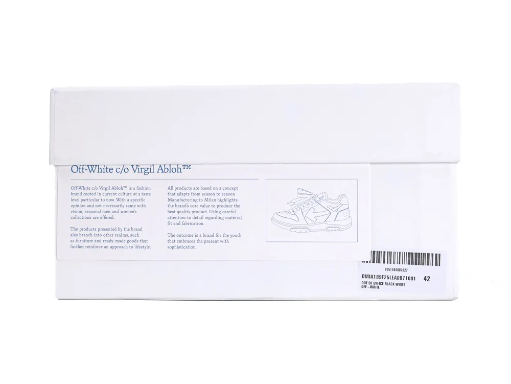 White cardboard shoe box with Off-White branding and black illustration of a sneaker.