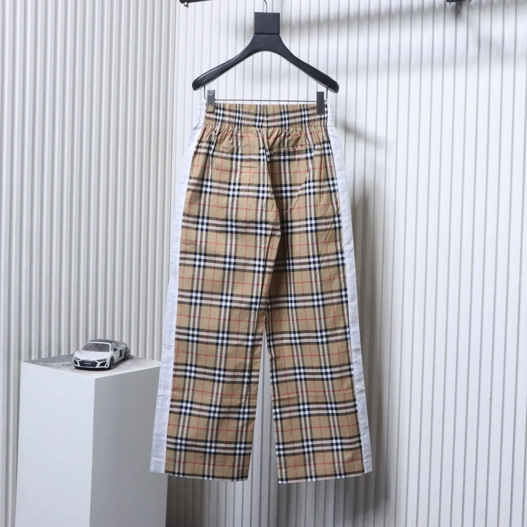Back View BBR Check Side-Stripe Wide-Leg Cotton Trousers