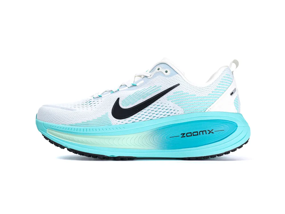 White and teal mesh running shoe with a black logo and cushioned midsole.
