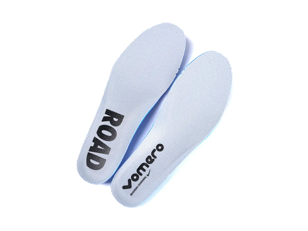 Gray textured insoles with printed labels, designed for road running shoes.