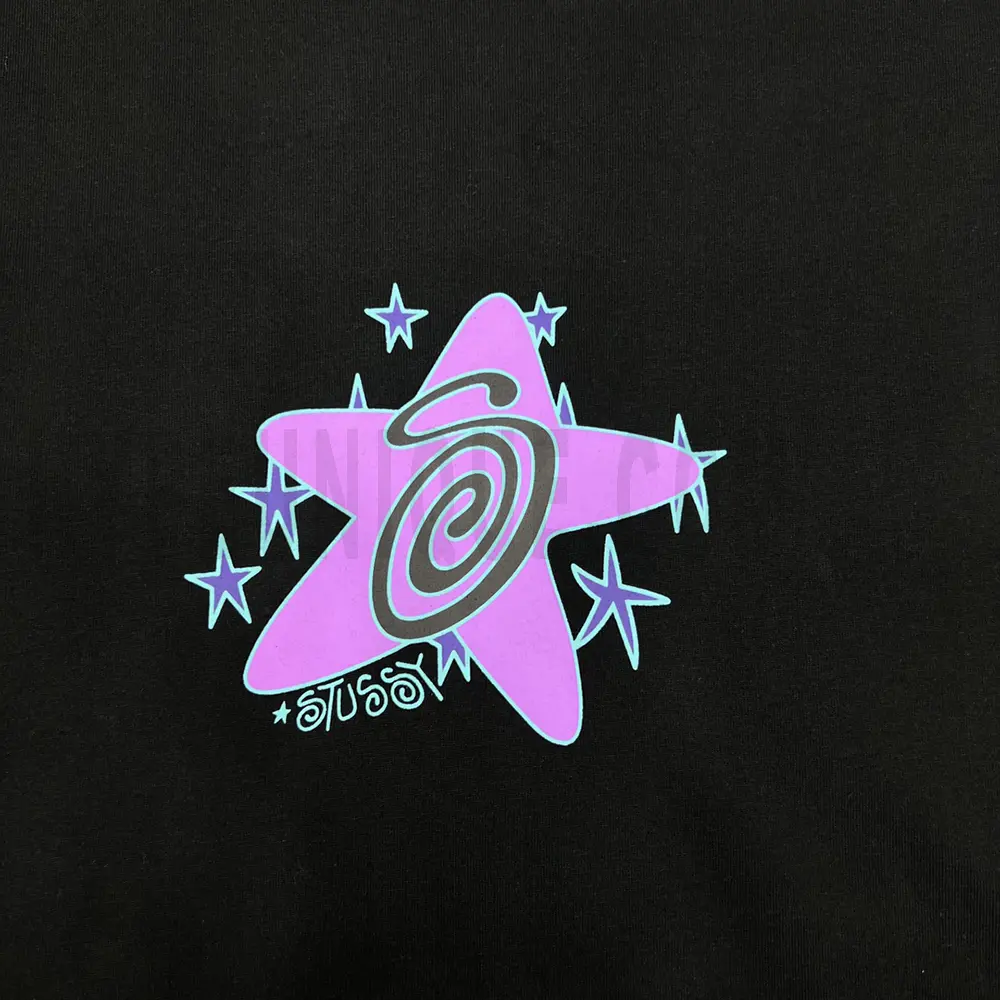 Close-up of the T-shirt print details of the back of the black clothes.