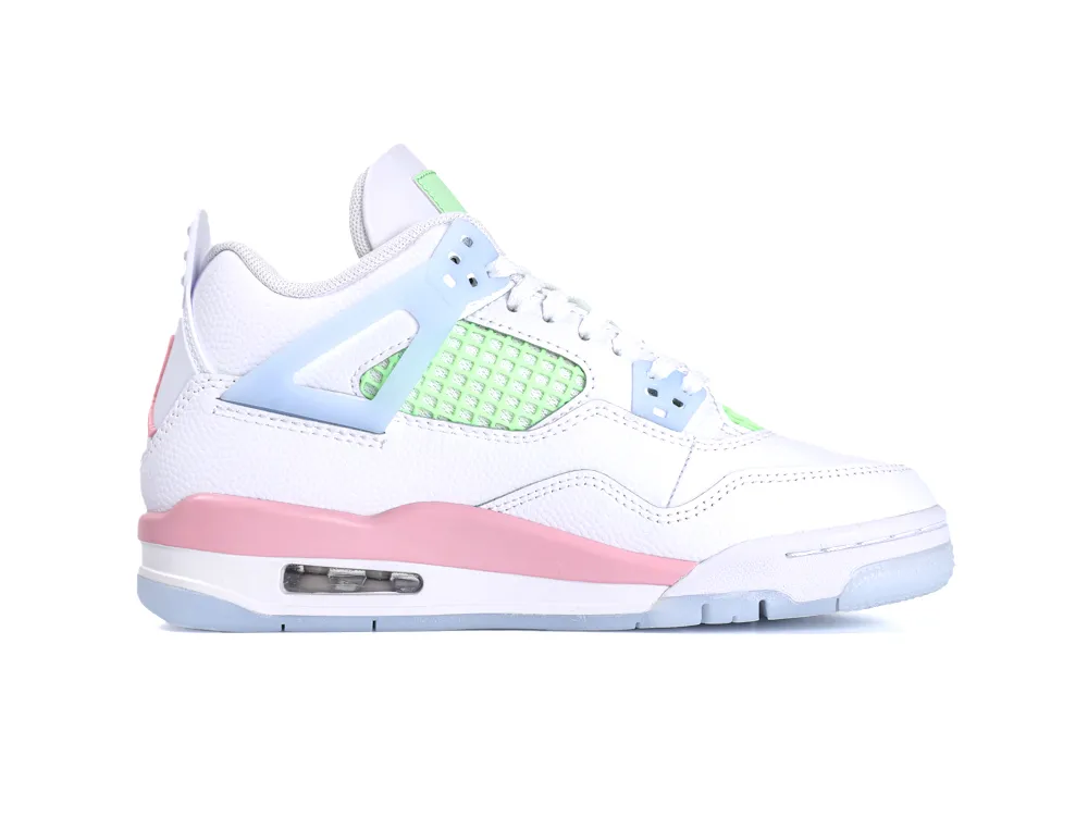 Side profile of the right Jordan 4 sneaker featuring pink and baby blue accents on a white leather upper.