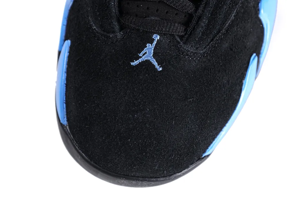 Black suede sneaker Front View with light blue accents and stitching detail.