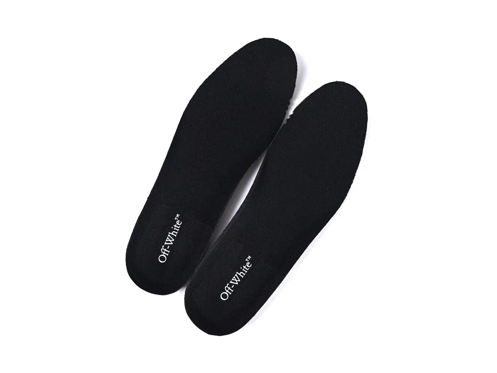 Black fabric insoles with "Off-White" branding, designed for comfort and support.