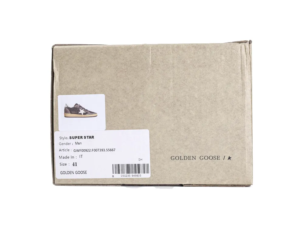 Golden Goose product box with size and style identification labels.