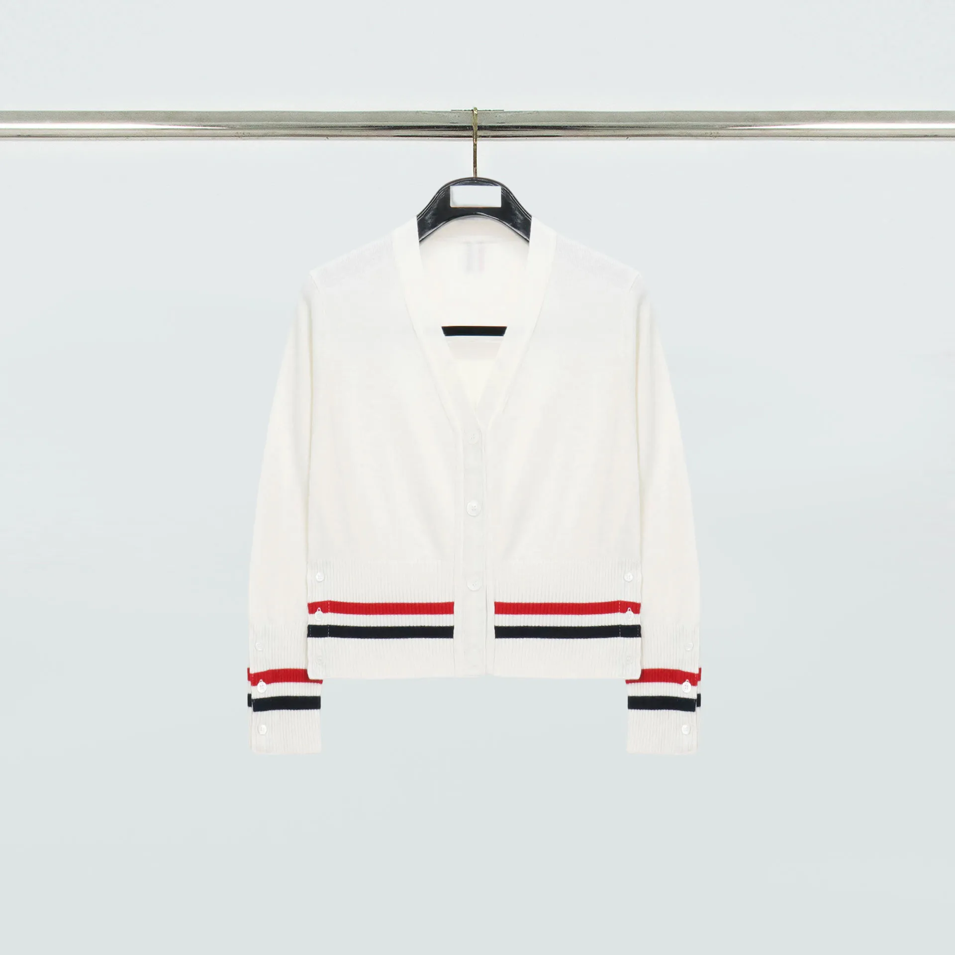 TB Tricolor Trim V-Neck Wool Cardigan Sweater