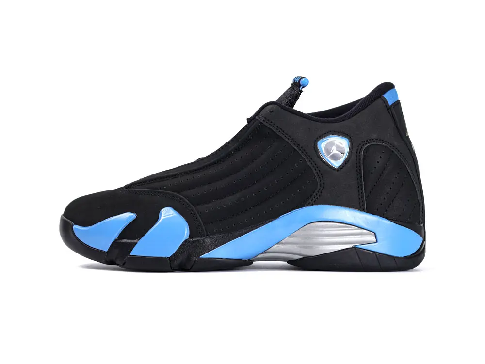 Front view of the outer side of the left shoe of the Jordan 14 Retro Black University Bluexie Neice