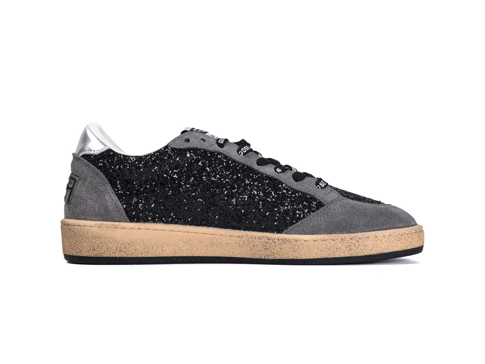 Medial side view of black glitter Golden Goose Ball Star sneaker in grey suede