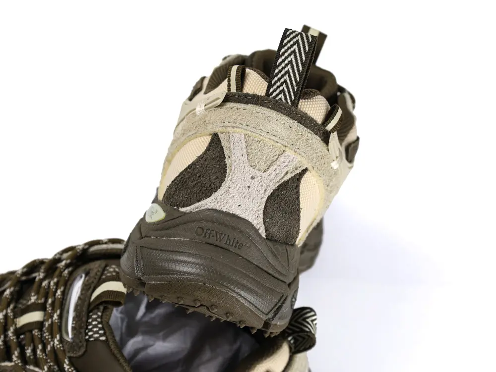Off-White trail sneaker heel view with suede and mesh panels