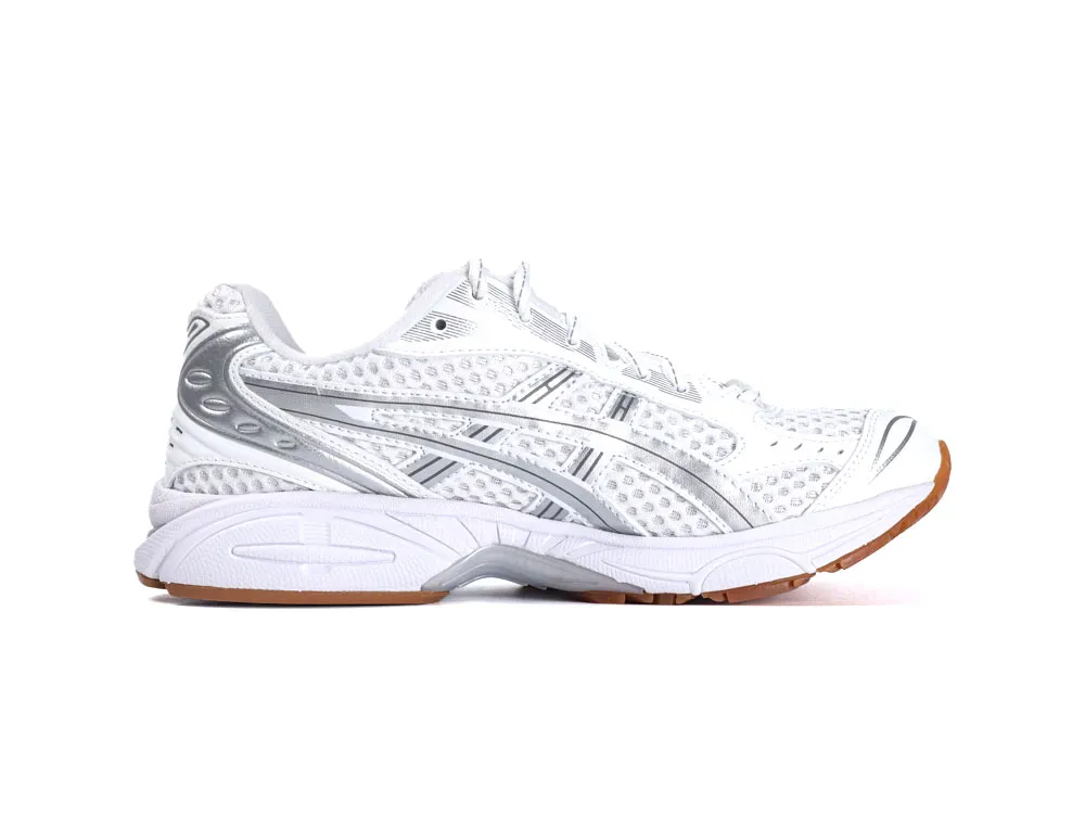 White and silver mesh sneaker with textured sole and synthetic overlays.