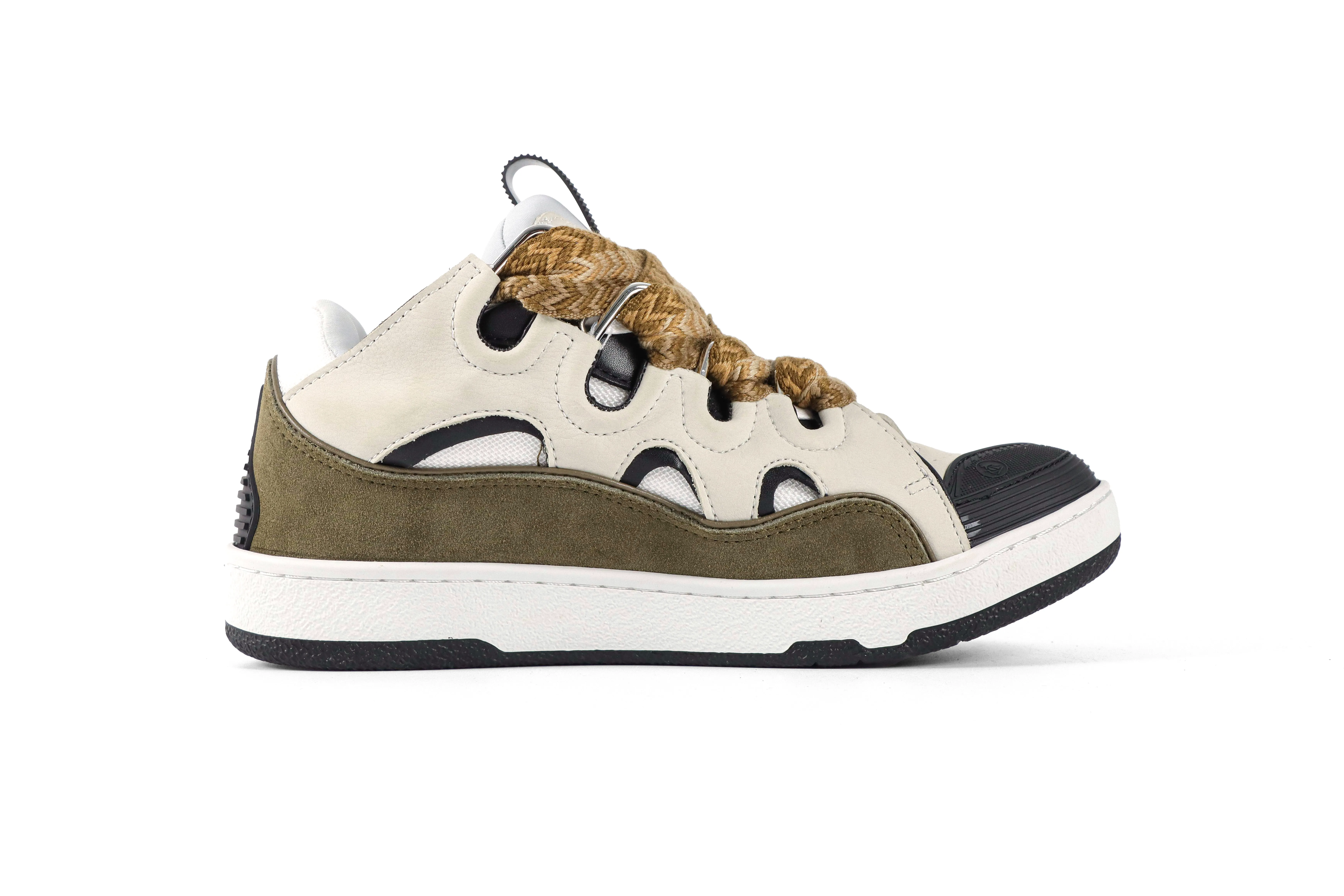 lanvln Curb White Military Green Leather Sneakers Right Side View