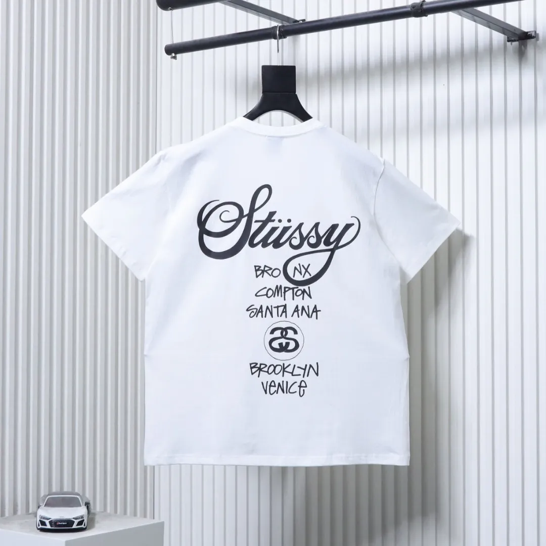 Back of Stussy City Logo Print Short Sleeve T-Shirt Color White