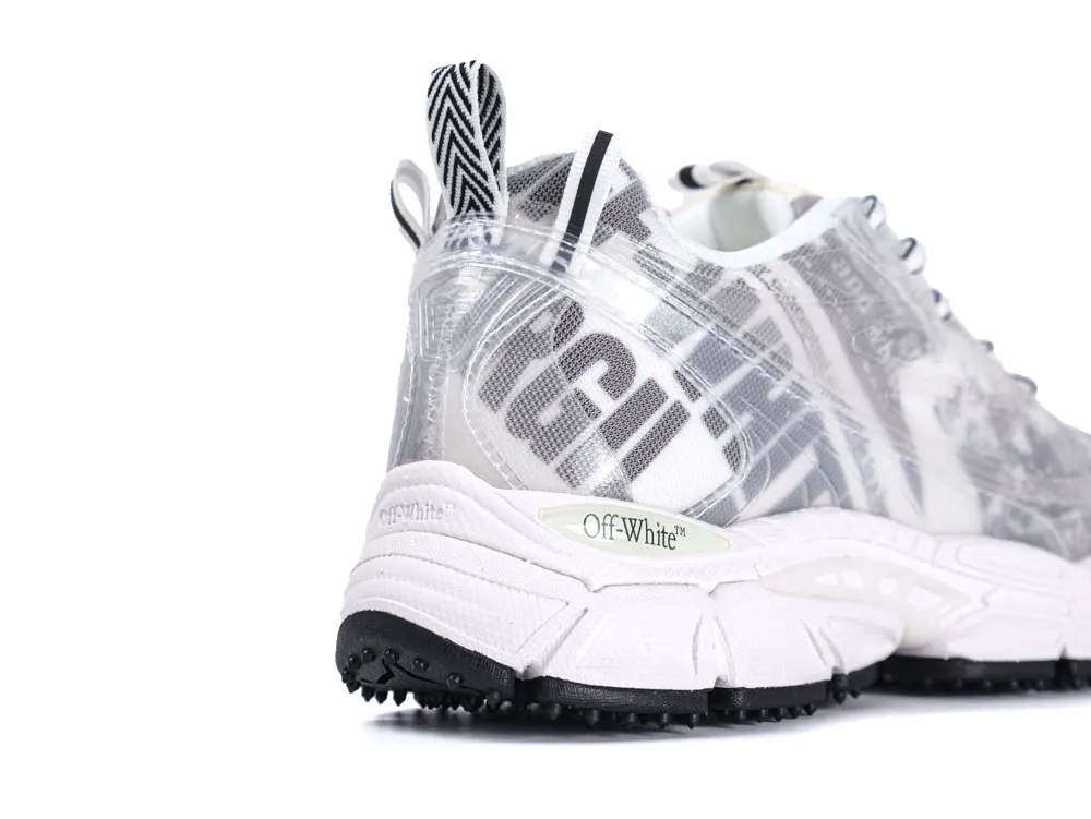 White sneaker with a transparent upper and black accents, featuring rugged tread.