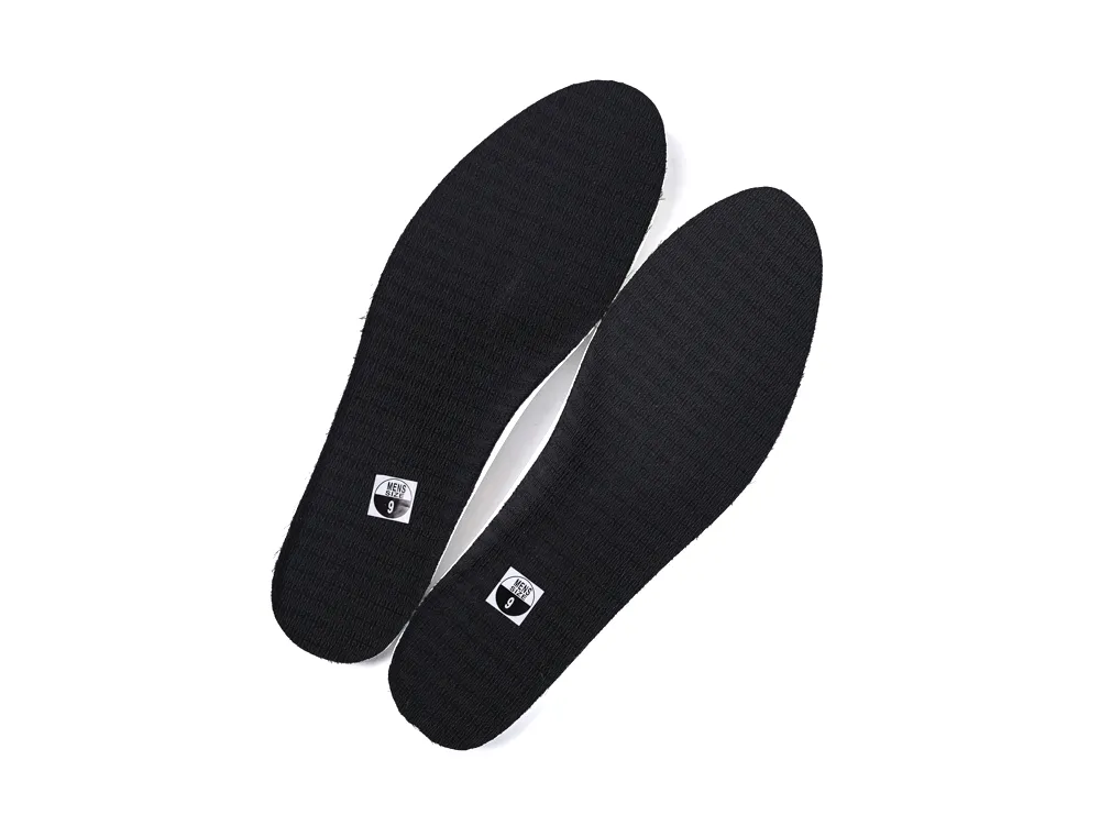 Black fabric insoles for shoes, featuring size labels.
