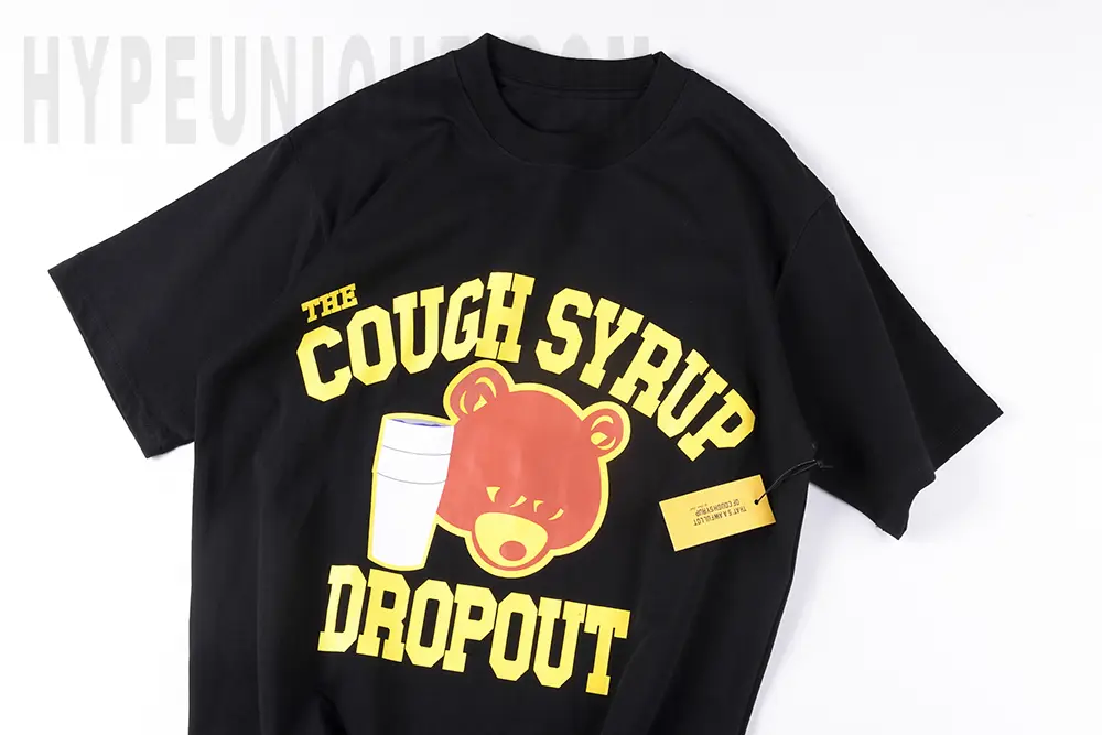 Front view of the black That’s A Awful Lot of Cough Syrup Bear Dropout T-shirt, showcasing the bear logo design.