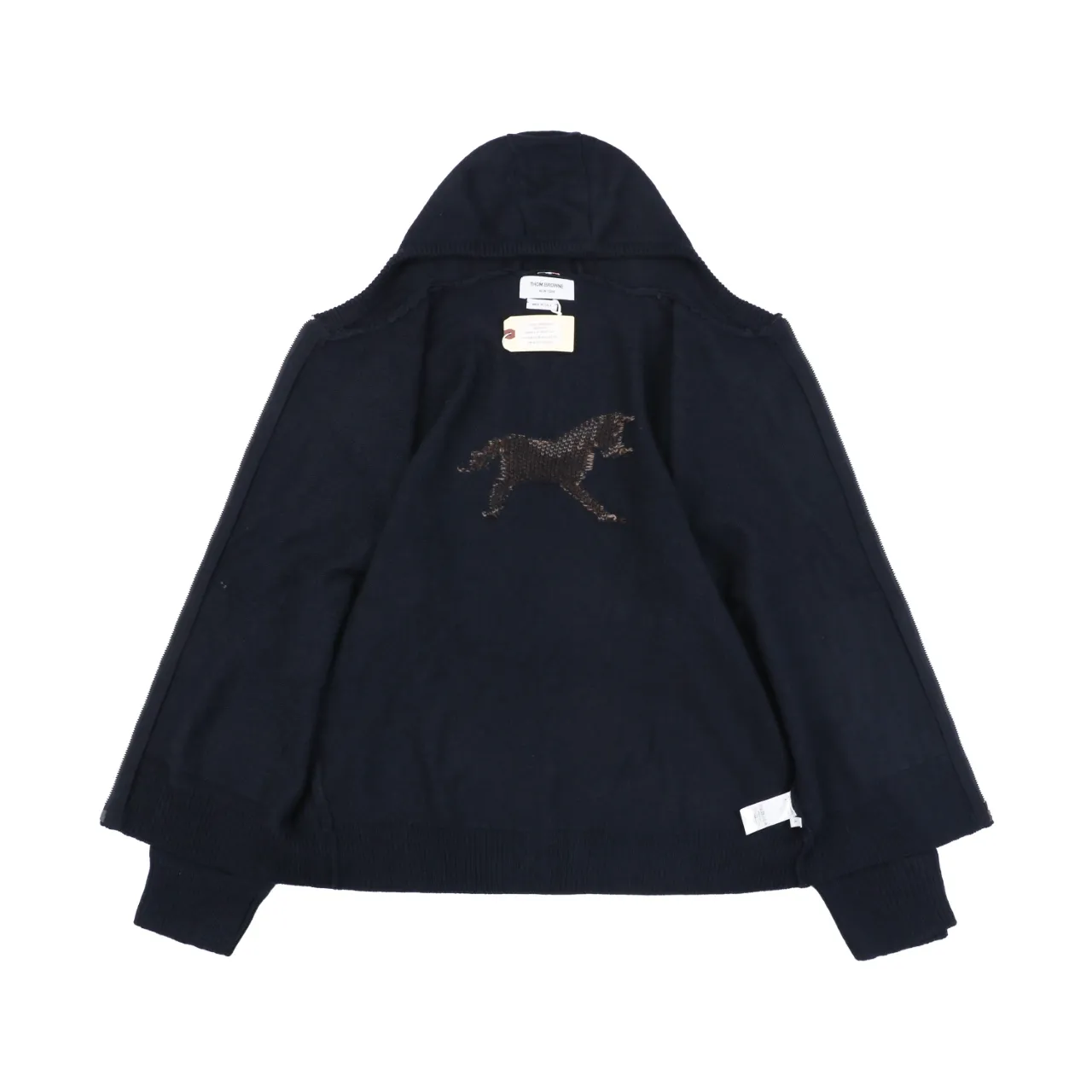 Four-Bar Back Pony Hooded Jacket Navy Wool Blend Preppy Knit Hoodie Open Detail