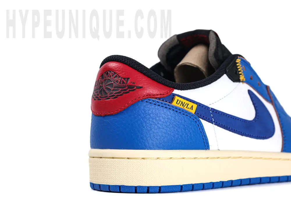 Union LA Jordan 1 Retro Low NRG ‘Storm Blue’ features a blue heel and red logo.