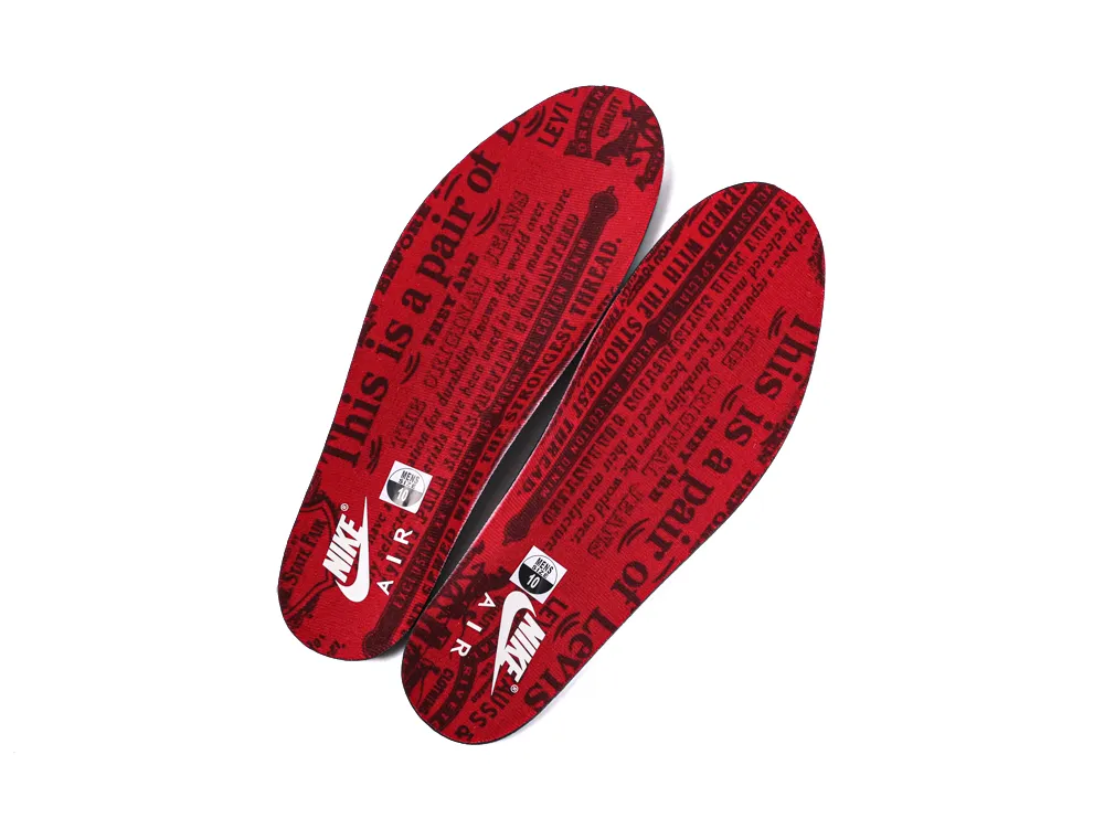Pair of red insoles featuring a vintage-style Levi's denim graphic print and Nike Air branding.