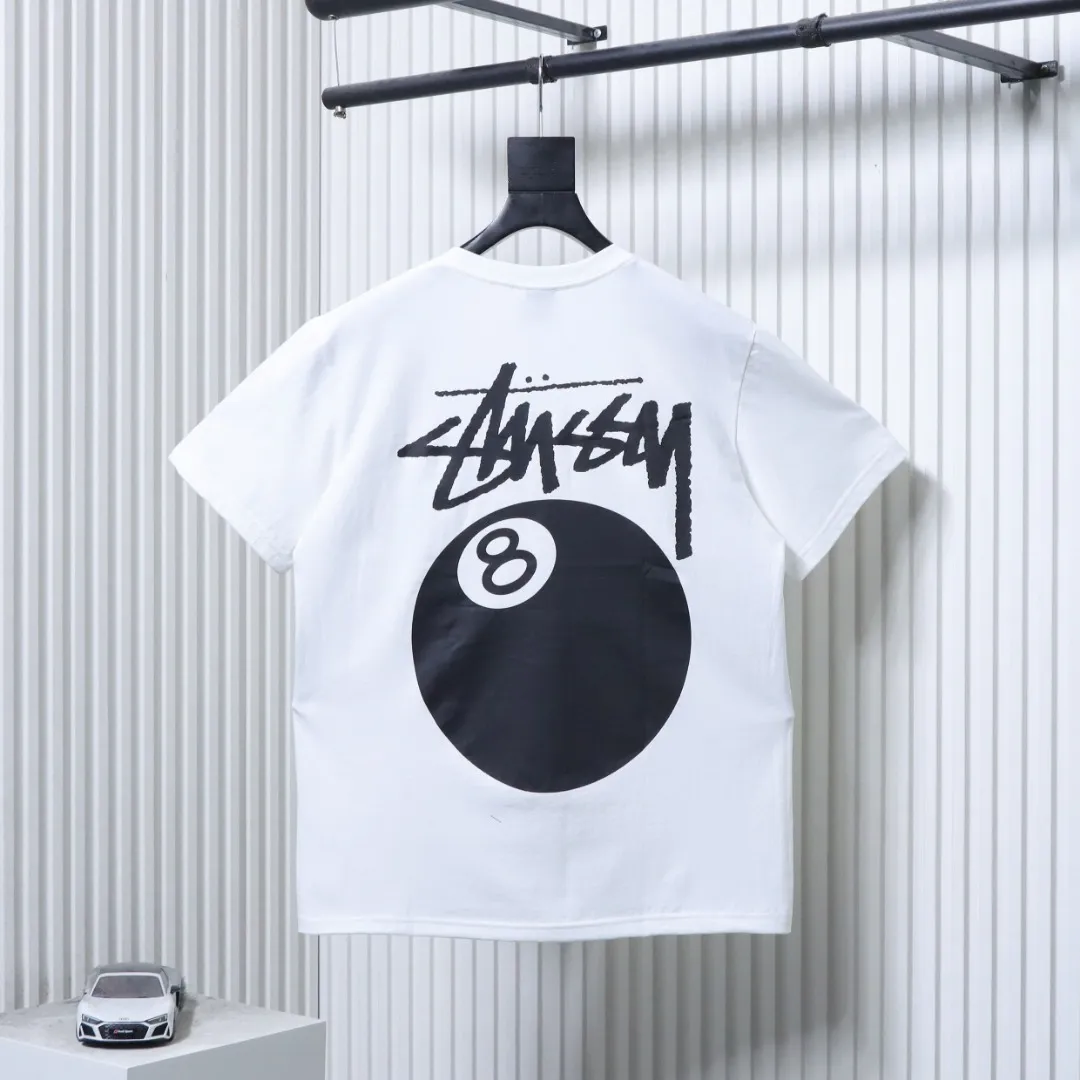 Back of Stussy Black 8 Ball Print Short Sleeve T-Shirt Color White