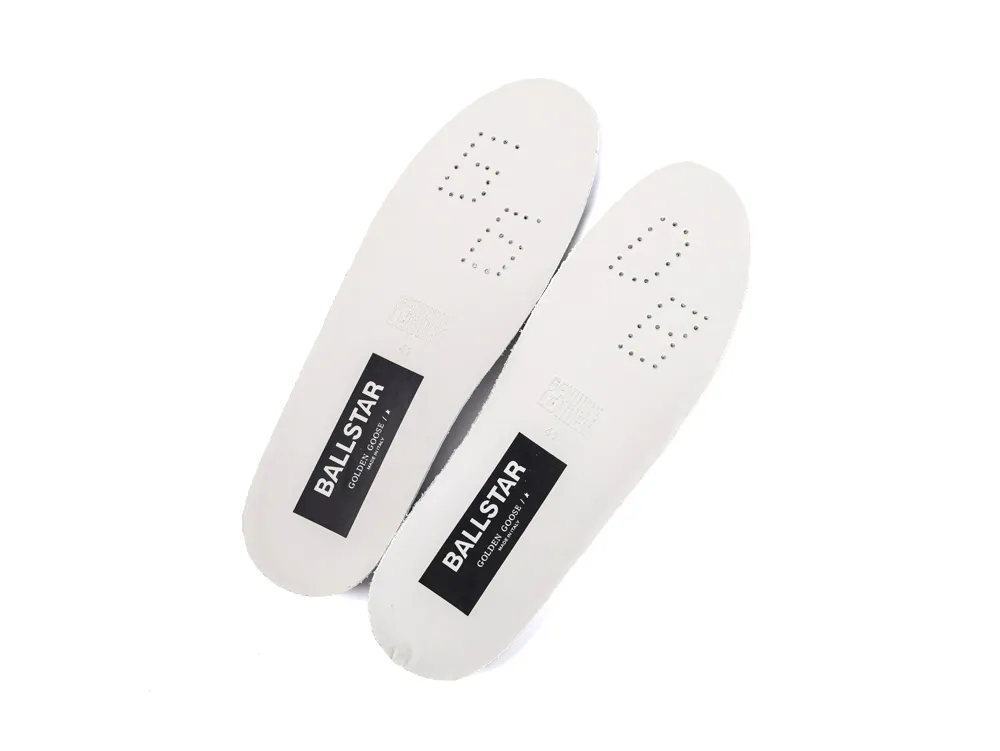 Pair of white leather insoles with black Golden Goose Ball Star branding.