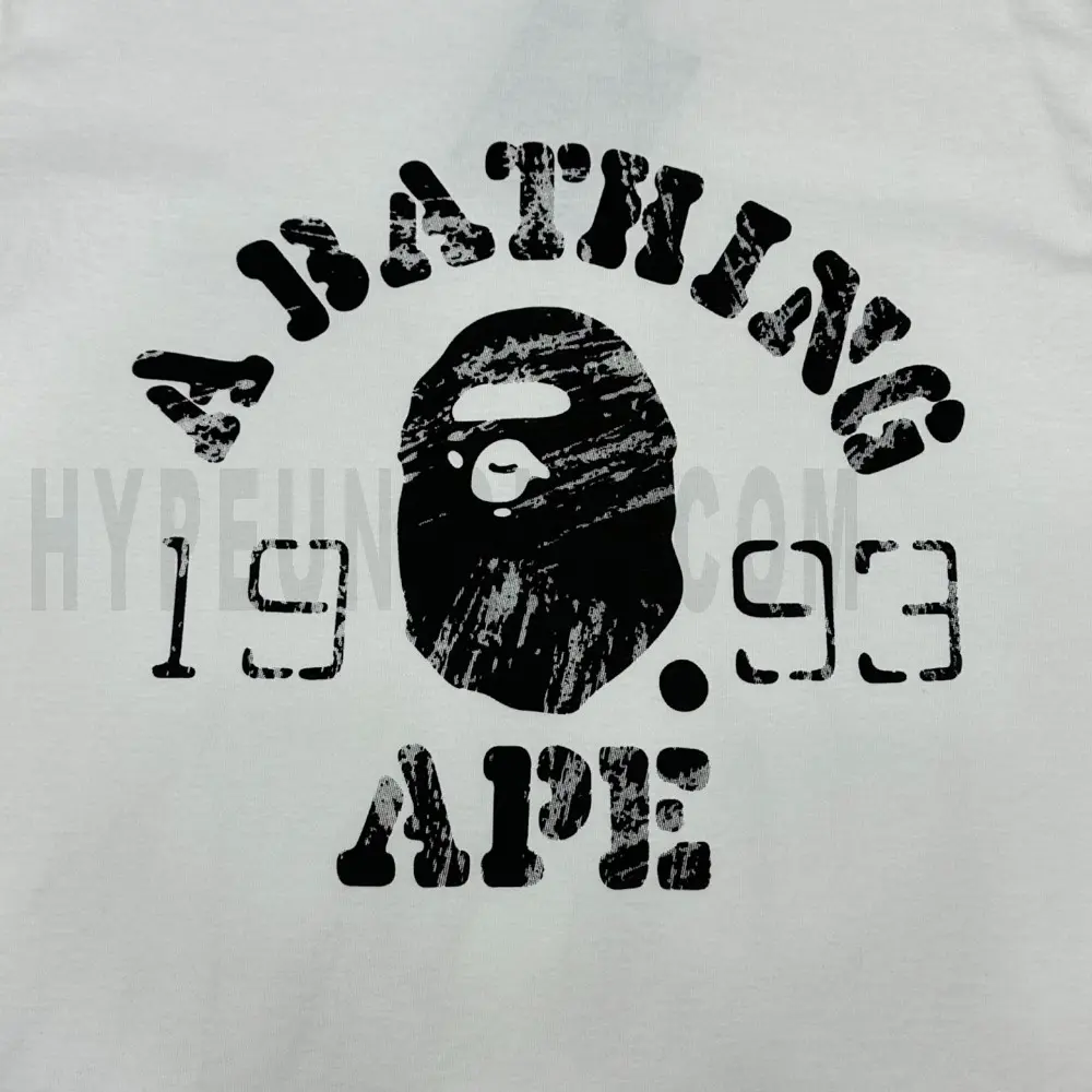 Close-up of the T-shirt print details of the front of the white clothes.