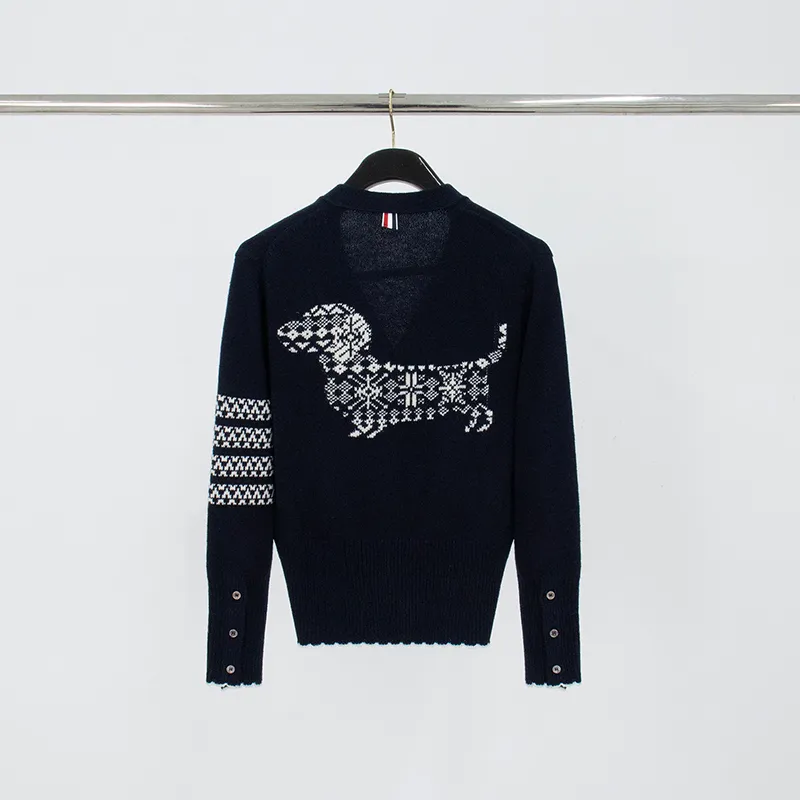 Back View TB Snowflake Dachshund Jacquard Wool Cardigan