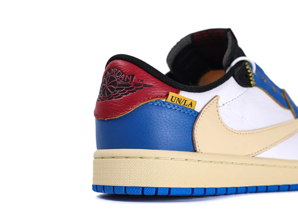 Colorful leather sneaker with blue heel, red collar, yellow swoosh, and branding details.