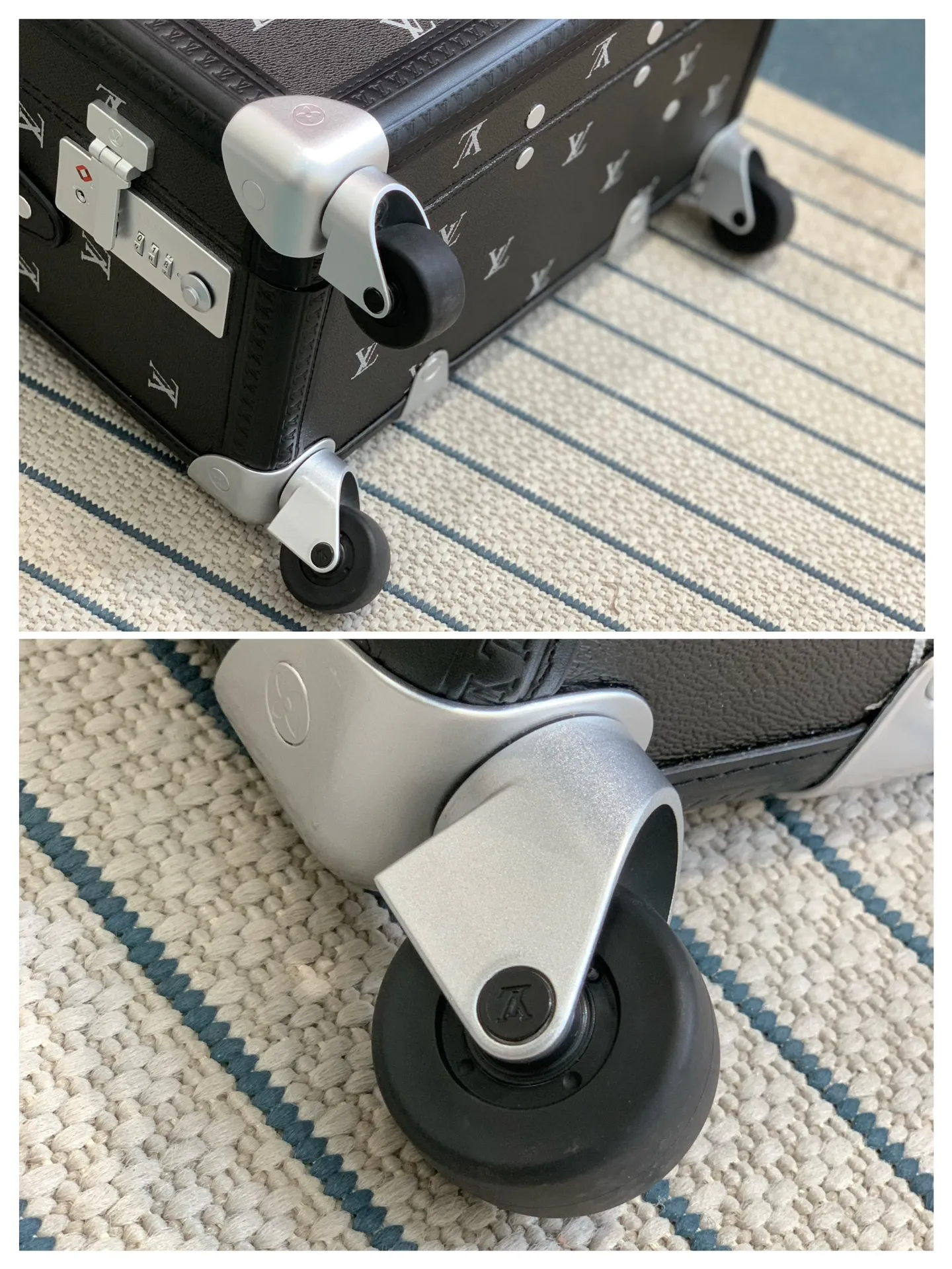 Rolling Trunk Black Monogram Carry-On Suitcase Wheel Detail