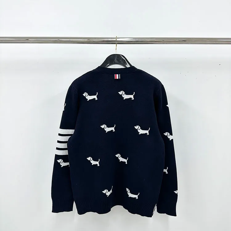 Back View TB Hector Dog Intarsia Cotton Cardigan Sweater