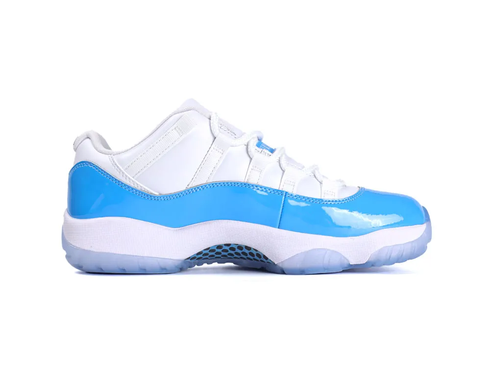 White and blue patent leather sneaker with a translucent rubber sole.