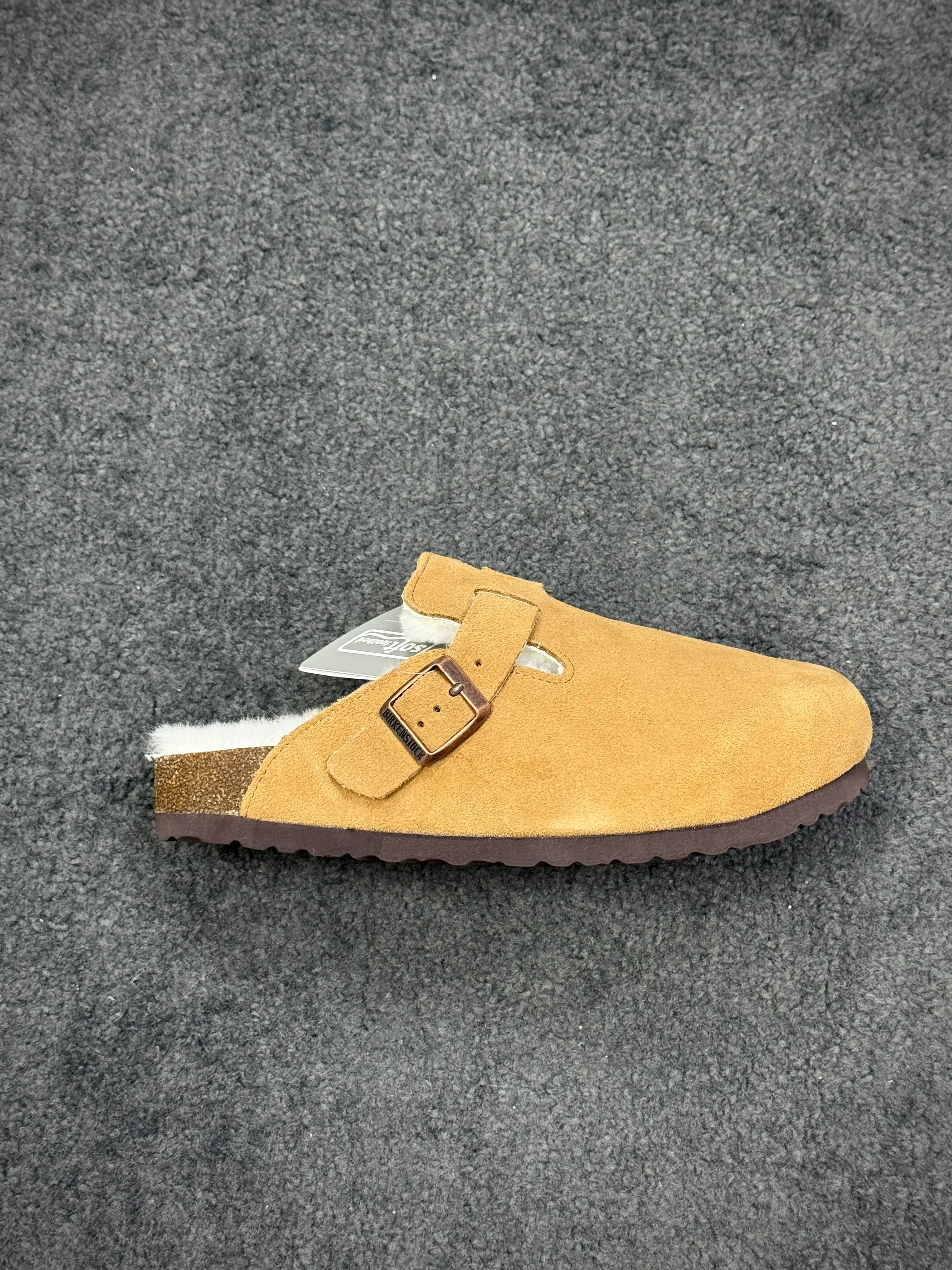 BK Boston Brown Shearling-Lined Suede Leather Clogs Right Side View