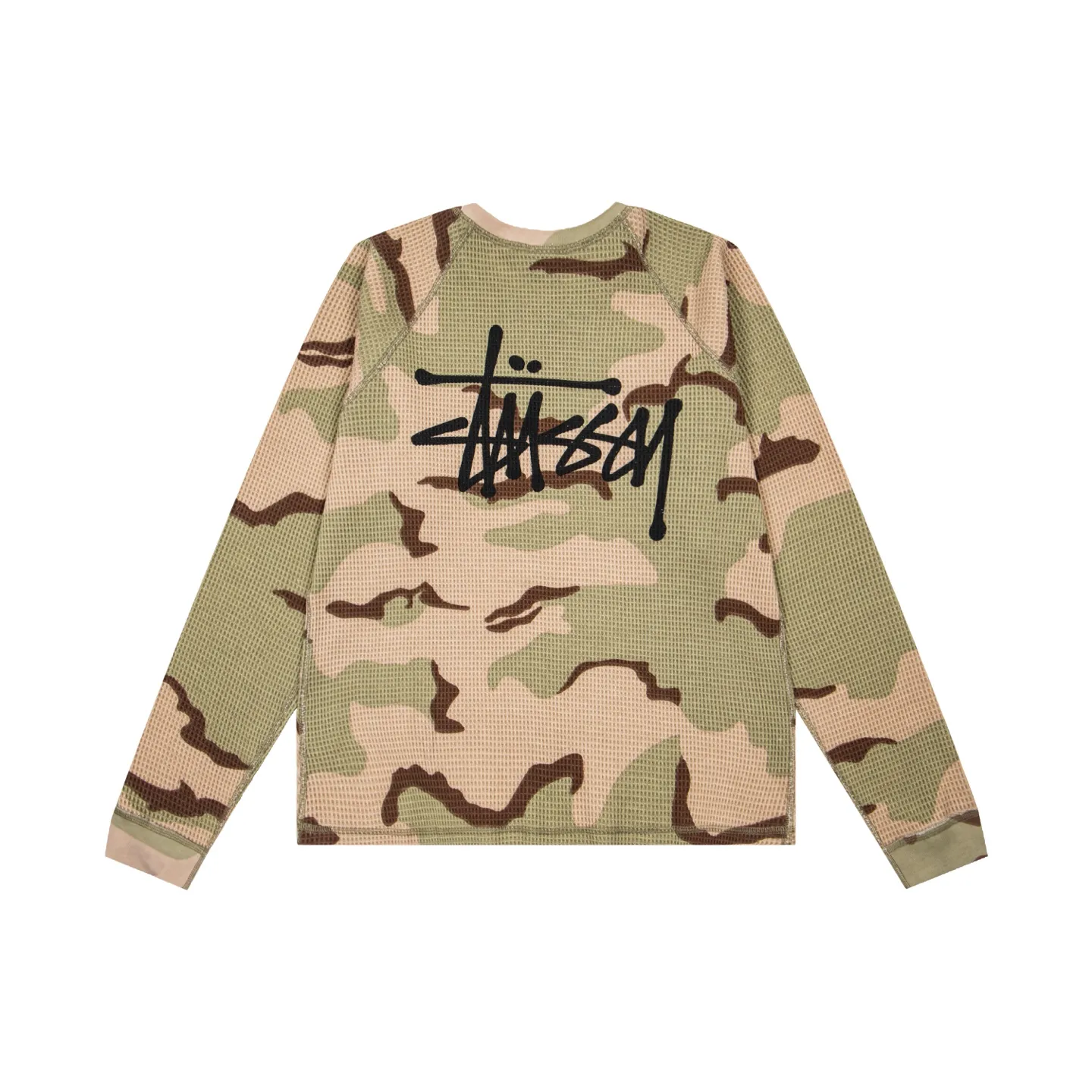 Back Stussy Fall Logo Camouflage Waffle Knit Raglan Long-Sleeve Shirt