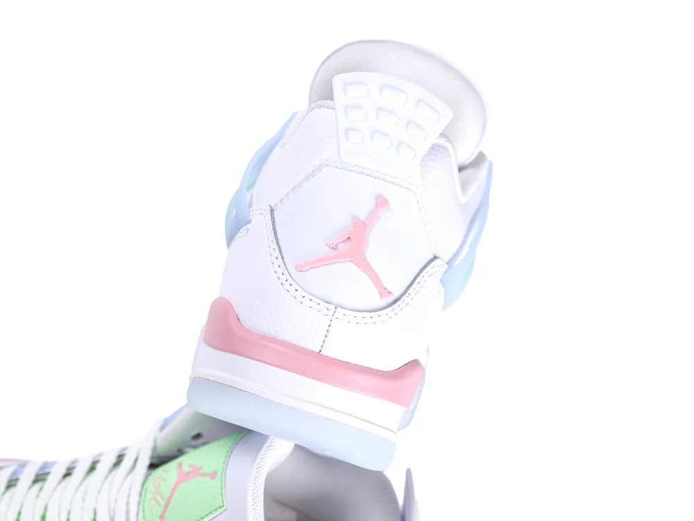 Rear view and toe area of pink Jordan 4 Valentine's Day sneakers
