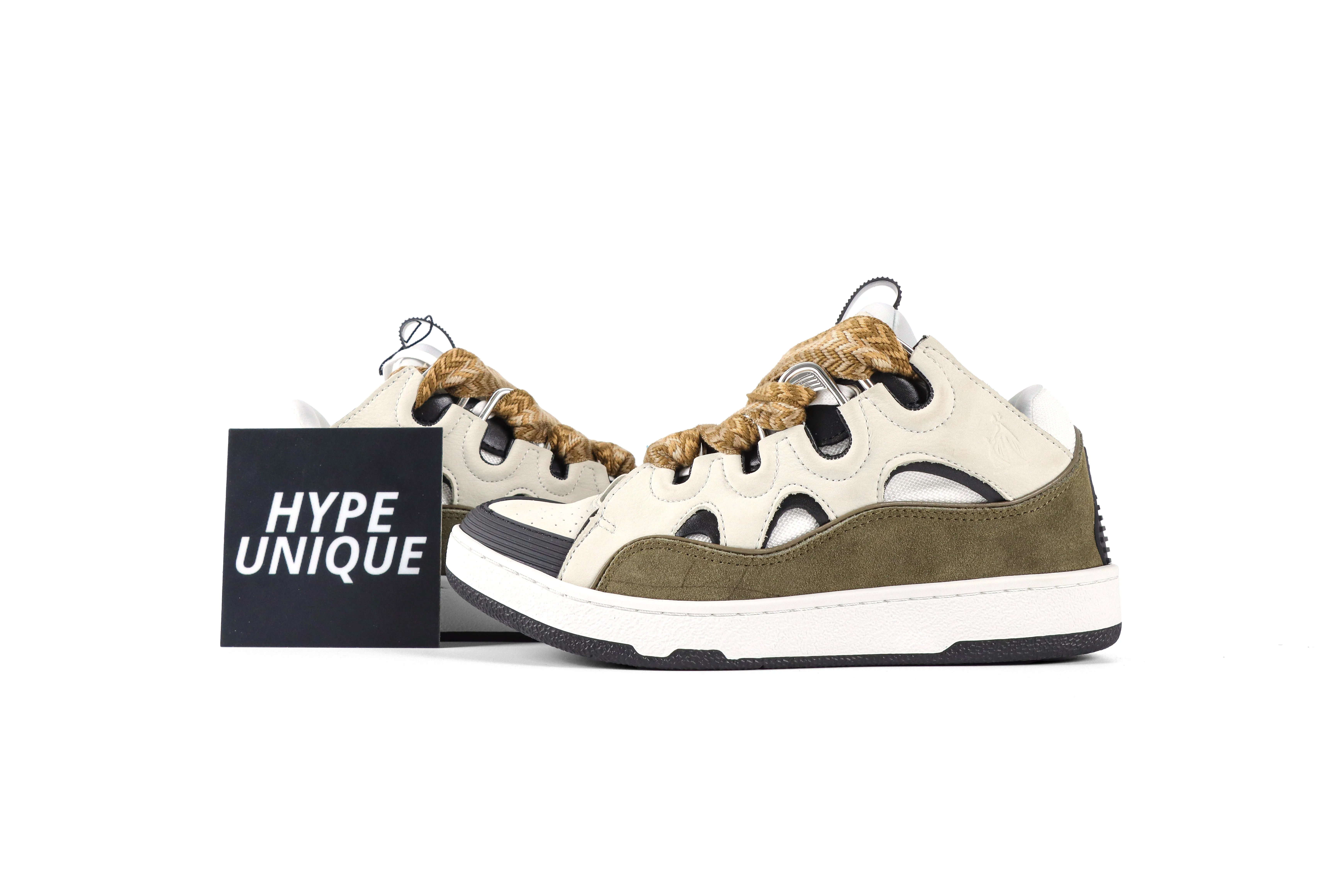 lanvln Curb “White Military Green” Leather Sneakers