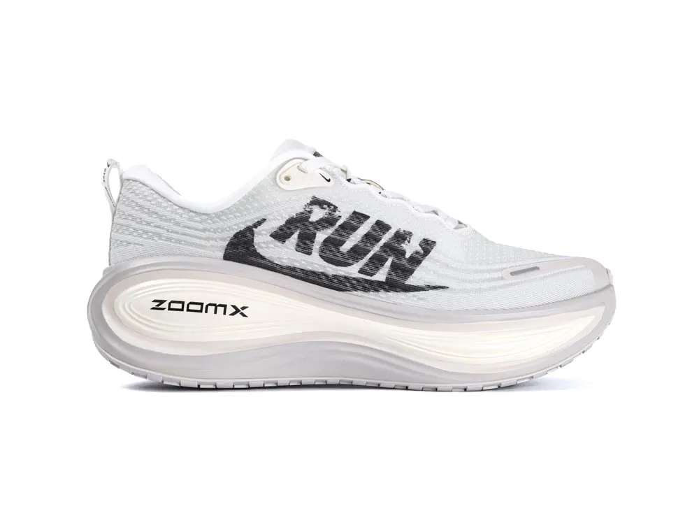 White mesh running shoe with gray foam sole and black "RUN" text design.