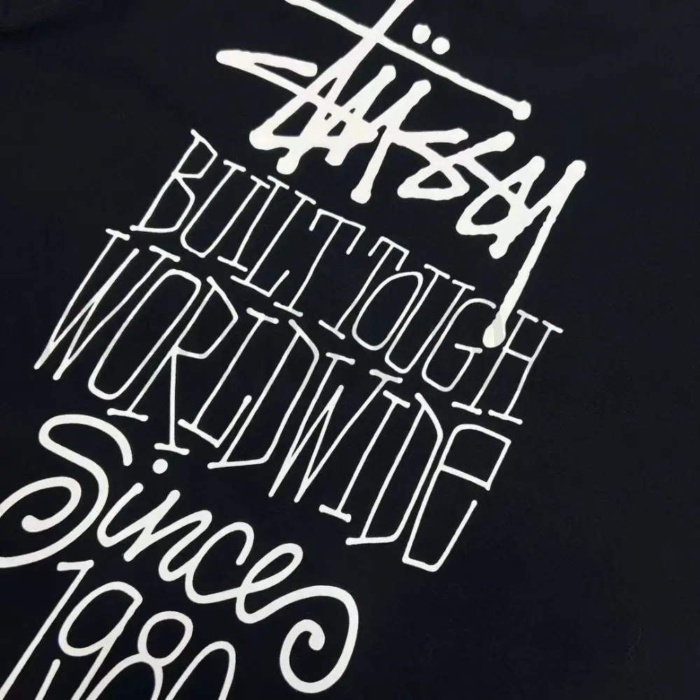 Detailed shot capturing the graphic print on the black tee's back panel.