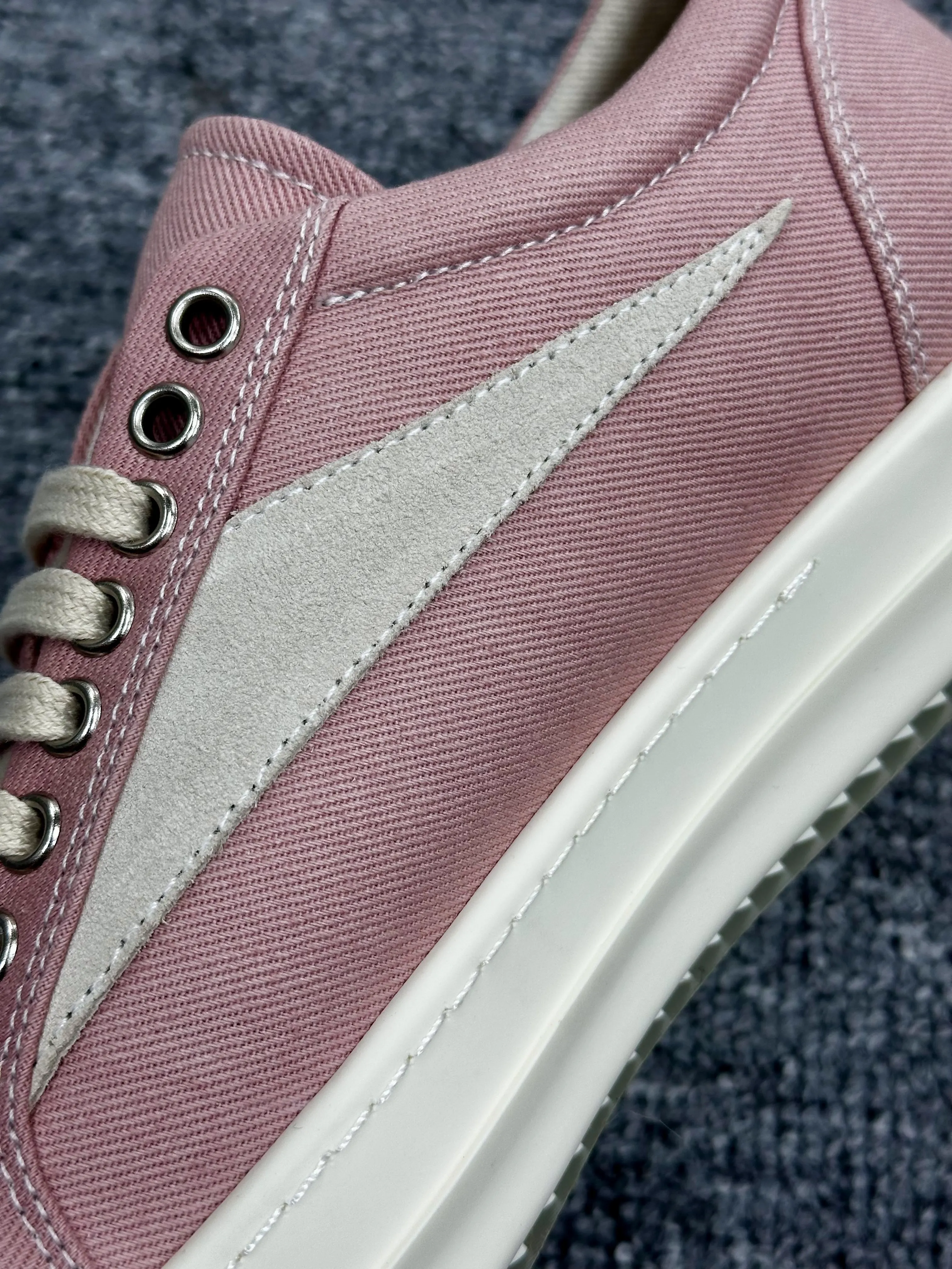 R Owens DRKSHDW Pink Distressed Canvas Low-Top Sneakers Side View Detail