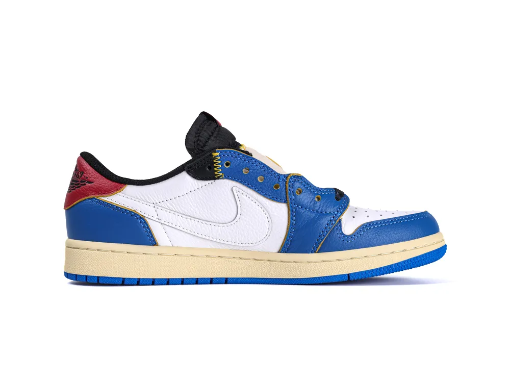 White, blue, red leather sneaker with beige sole and black accents.
