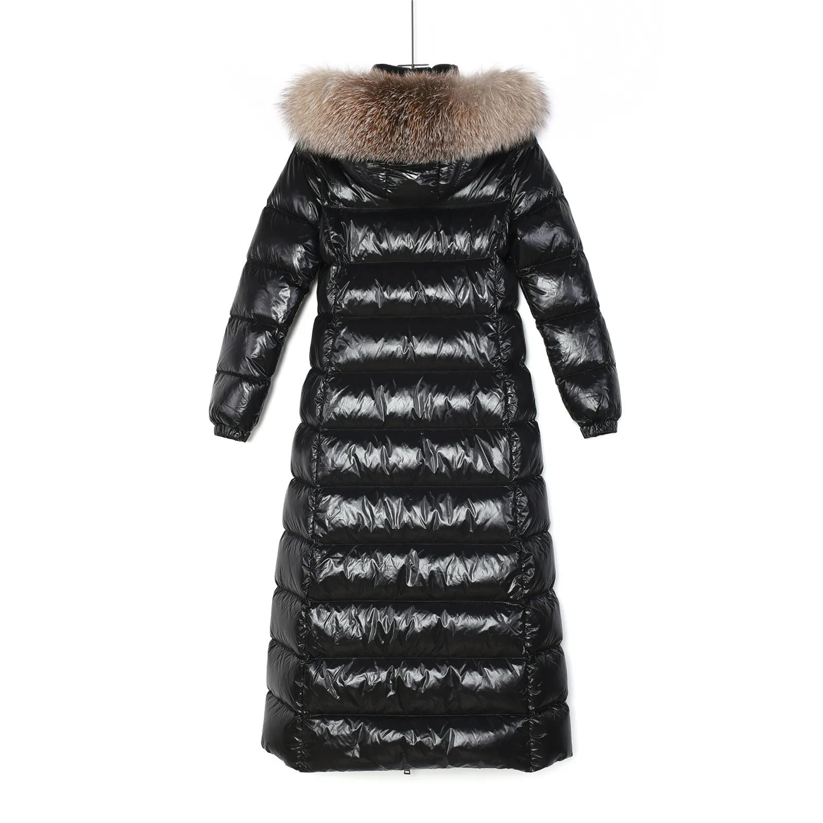 Back View Mcler Hudson Fur Trim Long Hooded Down Jacket