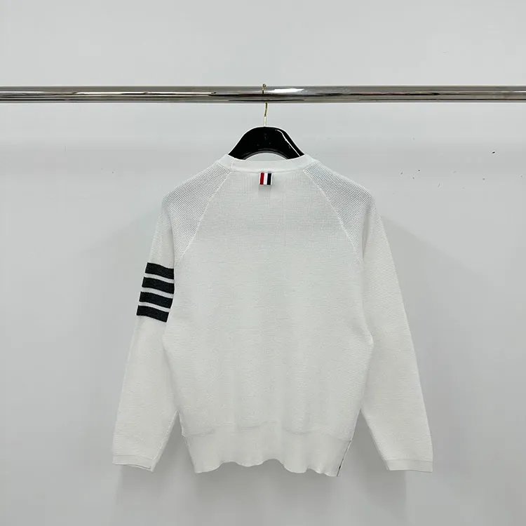 Back View TB Four-Bar Waffle Knit Crew Neck Sweater
