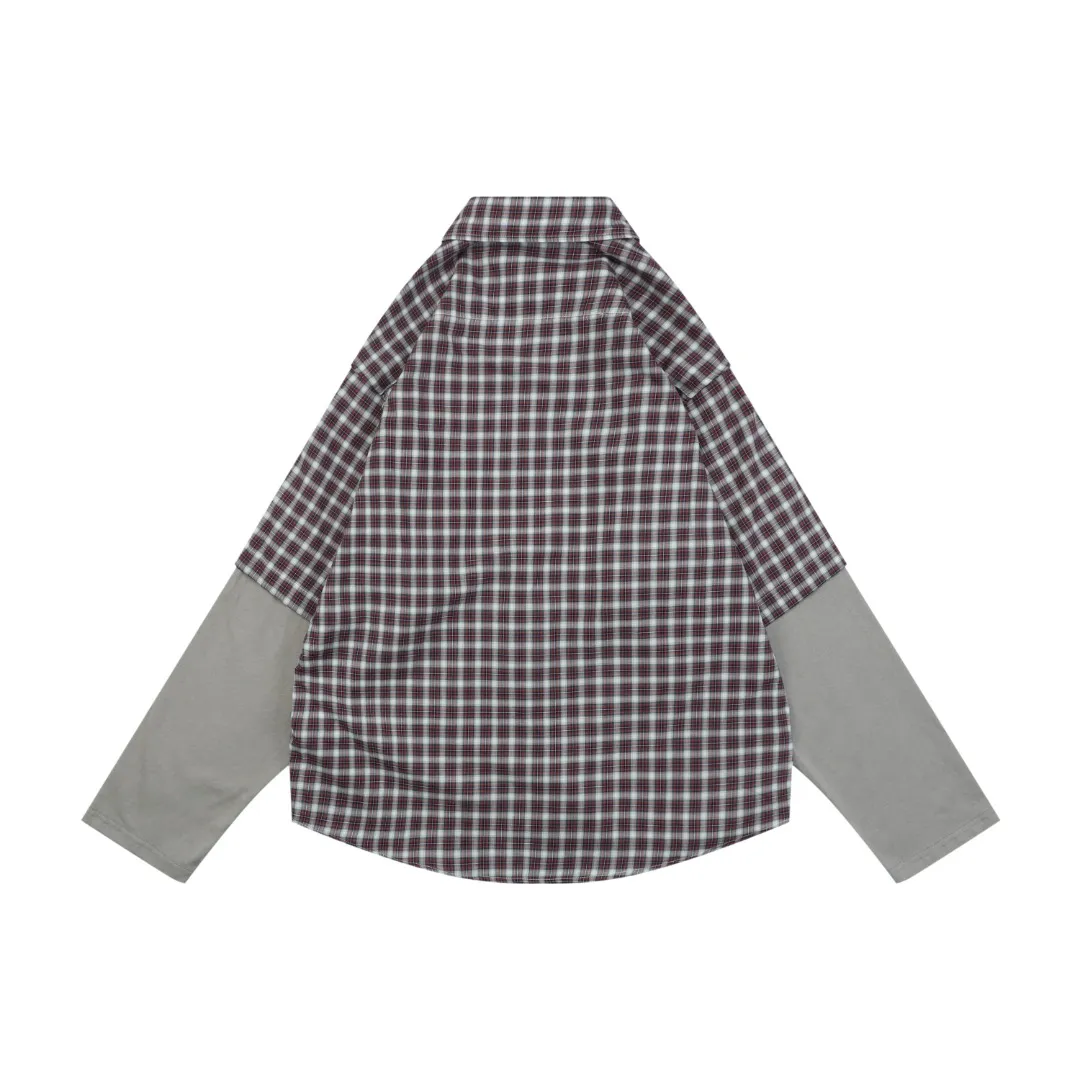 Back BLCG Red and Grey Plaid Faux Two-Piece Long-Sleeve Shirt