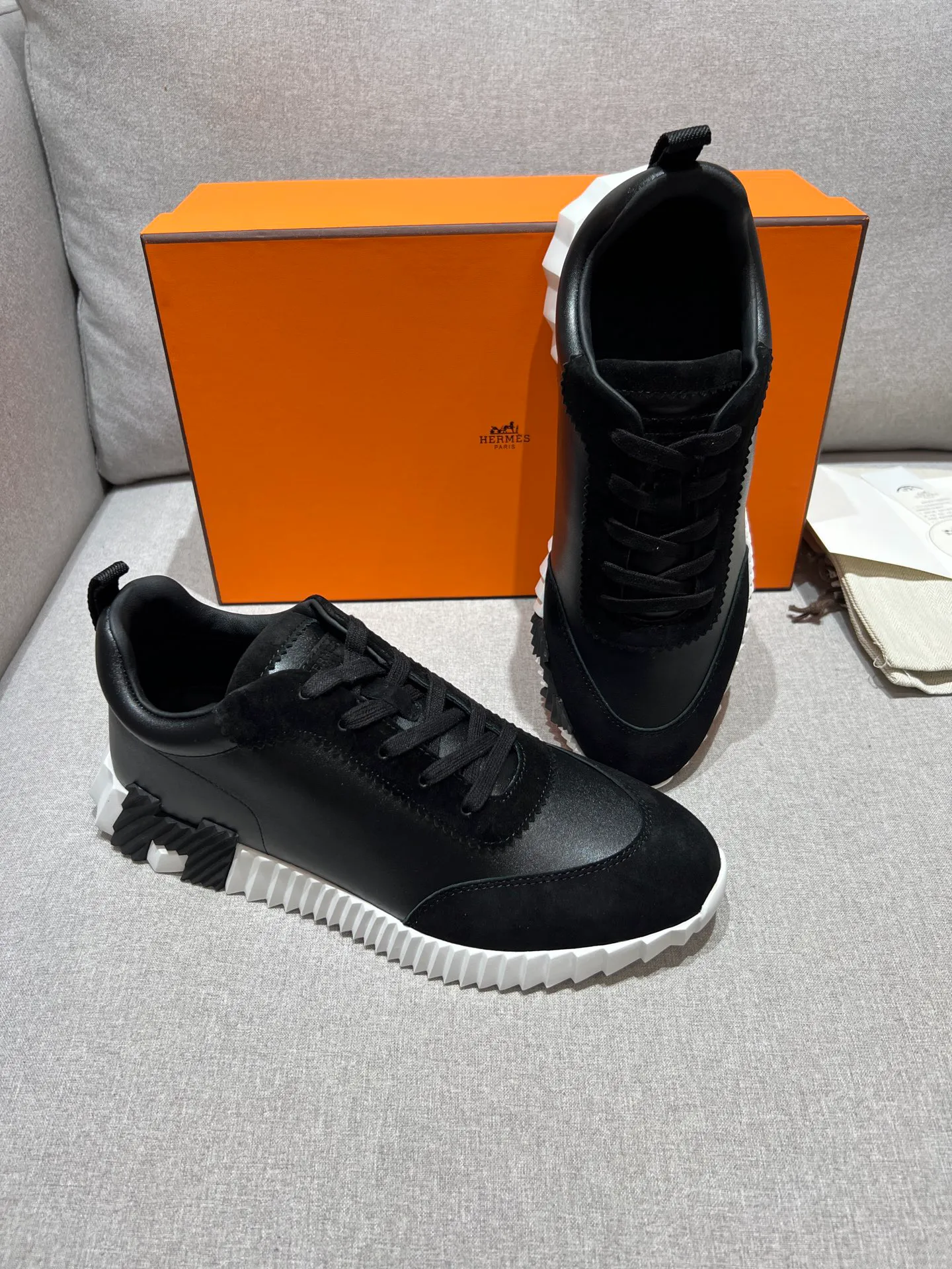 Black Bouncing Suede Leather Sneakers Pair Detail