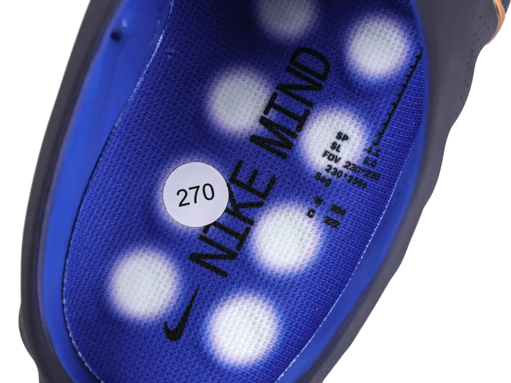 Interior view of the royal blue insole with "NIKE MIND" branding and white circular patterns.