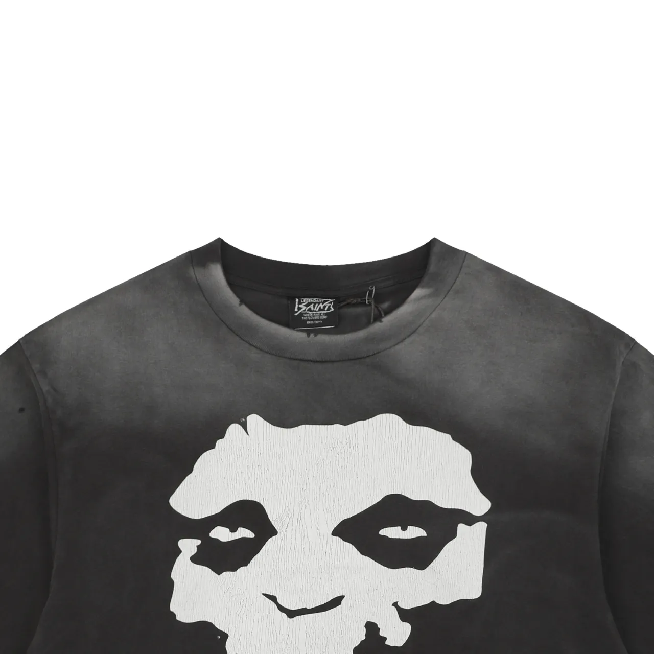 Close-up Details of Saint Michael Skull Graphic T-Shirt