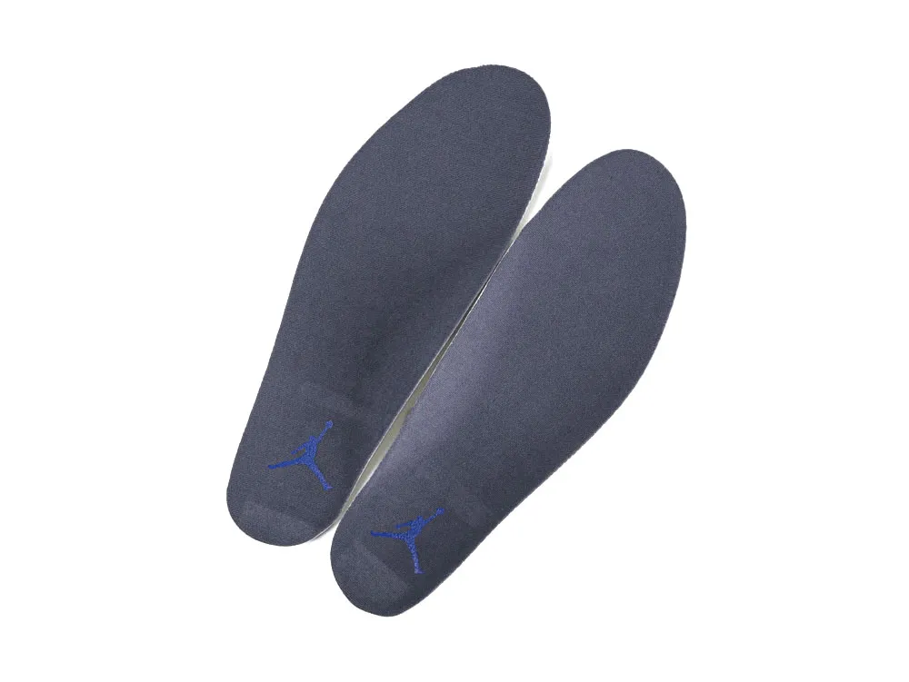 Dark gray fabric insoles featuring a blue logo design.