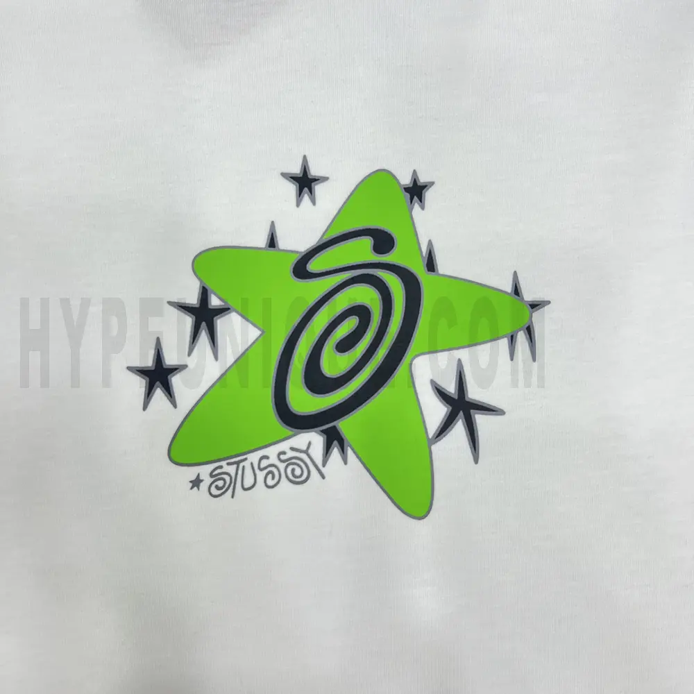 Close-up of the T-shirt print details of the front of the white clothes.