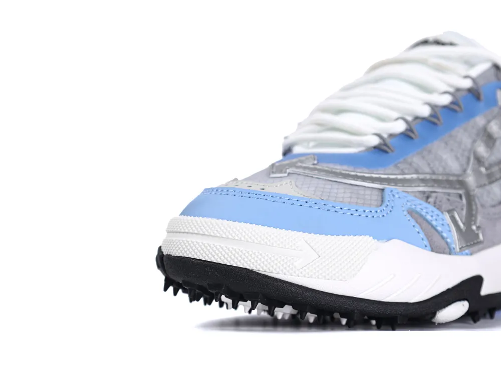Front view of a blue, white, and gray sneaker with synthetic materials and black sole.