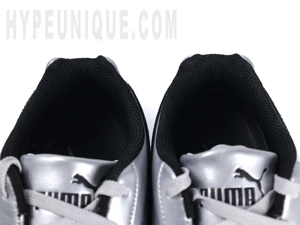 Puma Speedcat ‘Metallic Silver’ with black breathable mesh collar.